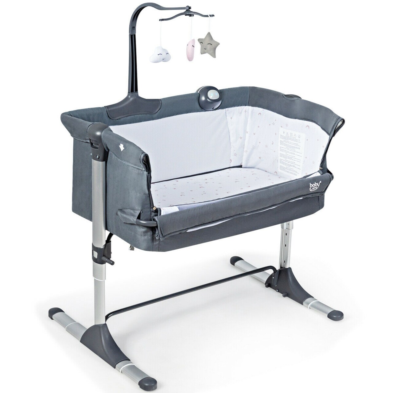 Gymax Portable Baby Bed Side Crib Height Adjustable W/ Music Box And Toys Dark Grey